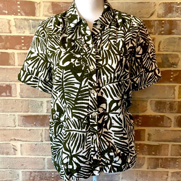 kate spade Tops - Kate Spade Olive Green & White Tropical Pr…